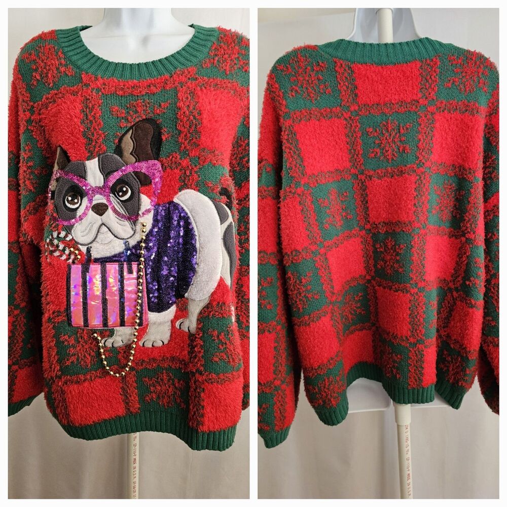 Holiday Time Ugly Sweater French Bulldog Christmas Sweater Size 1X ( 16W - 18W )